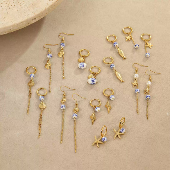 Wholesale Jewelry Ocean Style Ceramic Starfish Shell Stainless Steel Earrings Electroplating Design