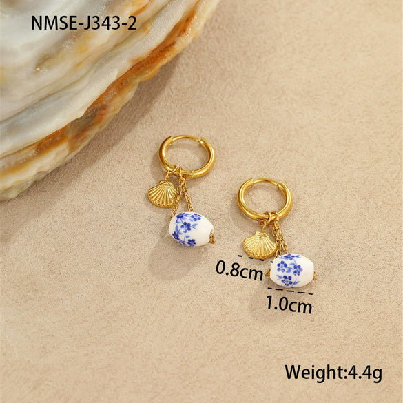 Wholesale Jewelry Ocean Style Ceramic Starfish Shell Stainless Steel Earrings Electroplating Design