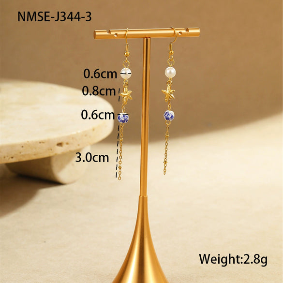 Wholesale Jewelry Ocean Style Ceramic Starfish Shell Stainless Steel Earrings Electroplating Design
