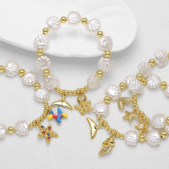 Wholesale Jewelry Ocean Style Copper Pearl Shell Starfish Geometric Pendant Goldplated Bracelet