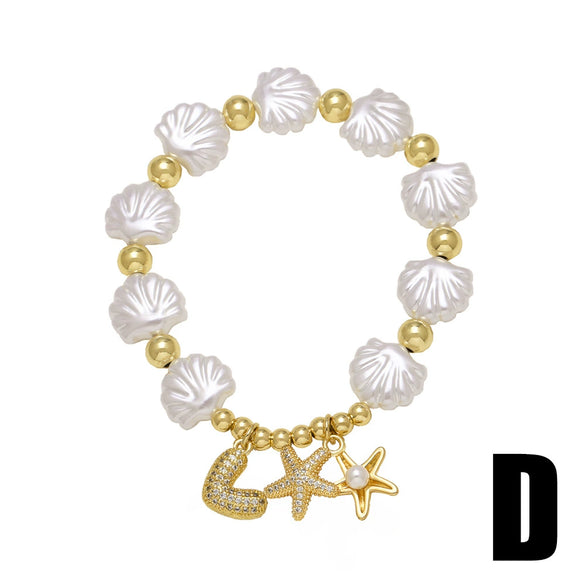 Wholesale Jewelry Ocean Style Copper Pearl Shell Starfish Geometric Pendant Goldplated Bracelet