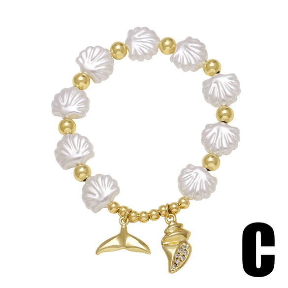 Wholesale Jewelry Ocean Style Copper Pearl Shell Starfish Geometric Pendant Goldplated Bracelet