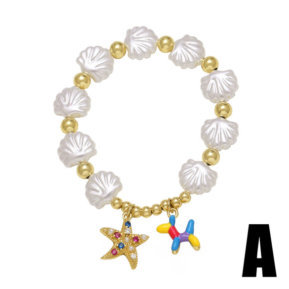 Wholesale Jewelry Ocean Style Copper Pearl Shell Starfish Geometric Pendant Goldplated Bracelet