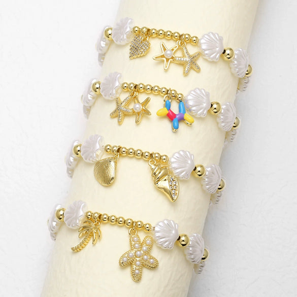Wholesale Jewelry Ocean Style Copper Pearl Shell Starfish Pendant Bracelet Electroplated For Women
