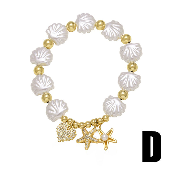 Wholesale Jewelry Ocean Style Copper Pearl Shell Starfish Pendant Bracelet Electroplated For Women