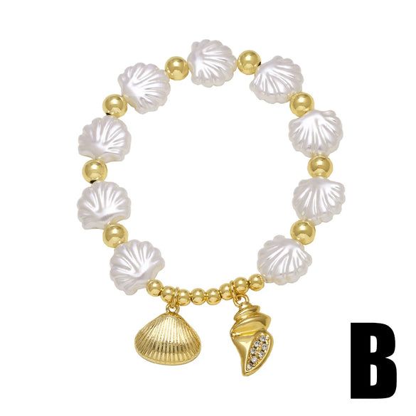 Wholesale Jewelry Ocean Style Copper Pearl Shell Starfish Pendant Bracelet Electroplated For Women