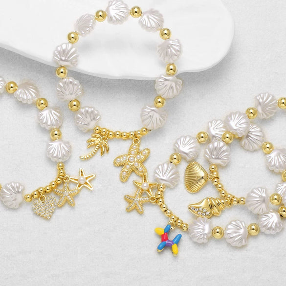 Wholesale Jewelry Ocean Style Copper Pearl Shell Starfish Pendant Bracelet Electroplated For Women