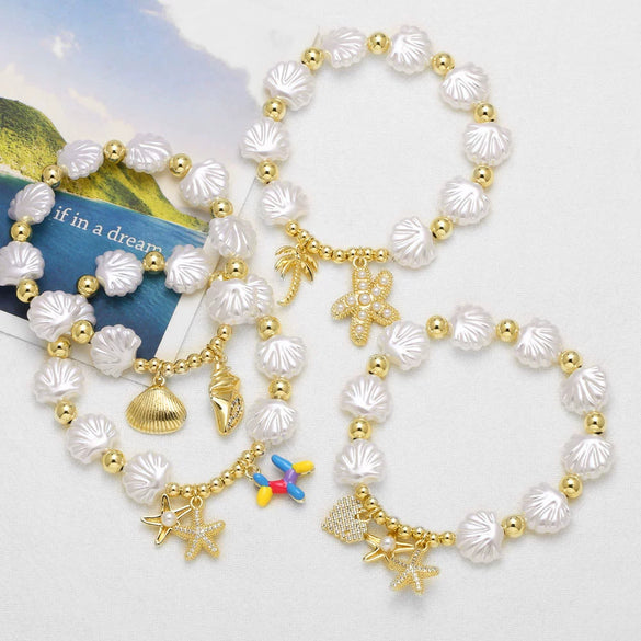 Wholesale Jewelry Ocean Style Copper Pearl Shell Starfish Pendant Bracelet Electroplated For Women
