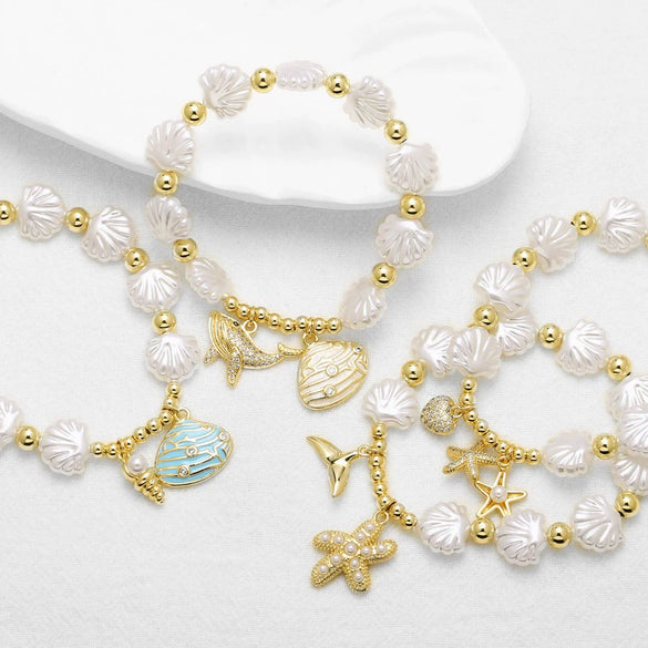 Wholesale Jewelry Ocean Style Copper Pearl Shell Starfish Whale Gold Plated Bracelet