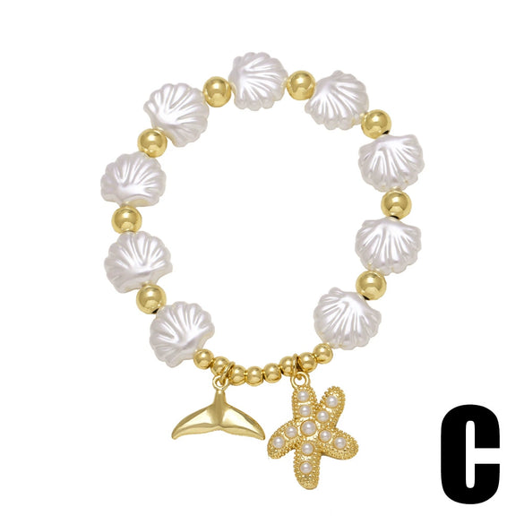 Wholesale Jewelry Ocean Style Copper Pearl Shell Starfish Whale Gold Plated Bracelet