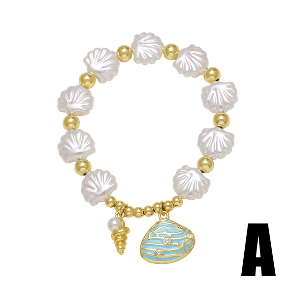 Wholesale Jewelry Ocean Style Copper Pearl Shell Starfish Whale Gold Plated Bracelet