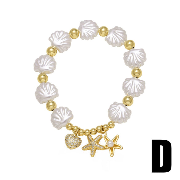 Wholesale Jewelry Ocean Style Copper Pearl Shell Starfish Whale Gold Plated Bracelet
