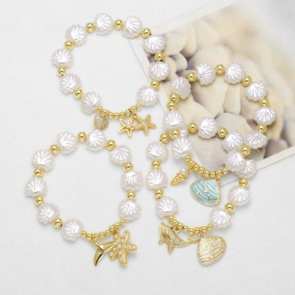 Wholesale Jewelry Ocean Style Copper Pearl Shell Starfish Whale Gold Plated Bracelet