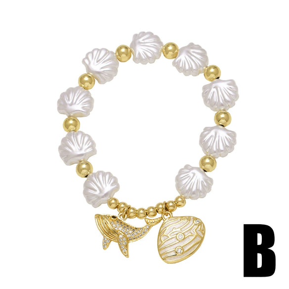 Wholesale Jewelry Ocean Style Copper Pearl Shell Starfish Whale Gold Plated Bracelet