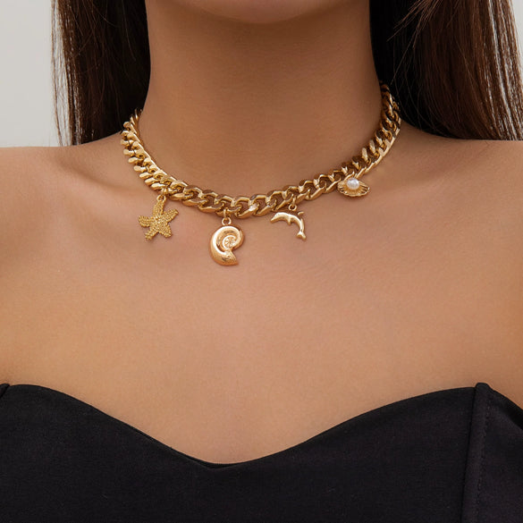 Wholesale Jewelry Ocean Style Dolphin Shell Imitation Pearl Alloy Starfishshaped Pendant Necklace With Electroplating