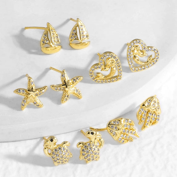 Wholesale Jewelry Ocean Style Geometric Copper Starfish Heart Sailboat Real Gold Plated Earrings Unisex