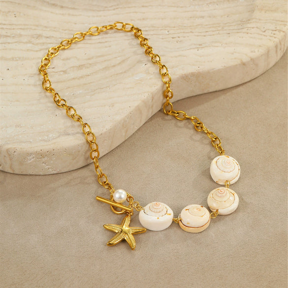 Wholesale Jewelry Ocean Style Natural Shell Starfish Stainless Steel Goldplated Geometric Pendant Necklace For Women