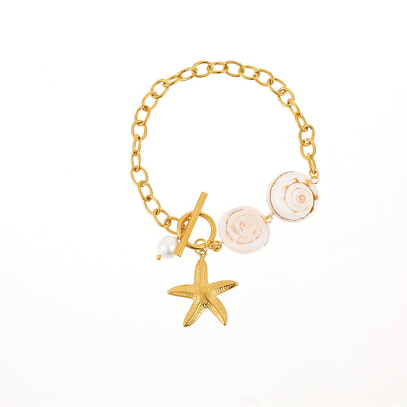 Wholesale Jewelry Ocean Style Natural Shell Starfish Stainless Steel Goldplated Geometric Pendant Necklace For Women