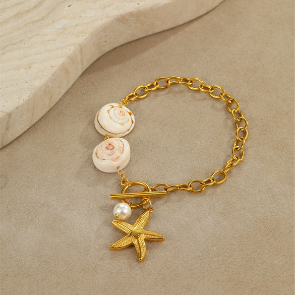 Wholesale Jewelry Ocean Style Natural Shell Starfish Stainless Steel Goldplated Geometric Pendant Necklace For Women
