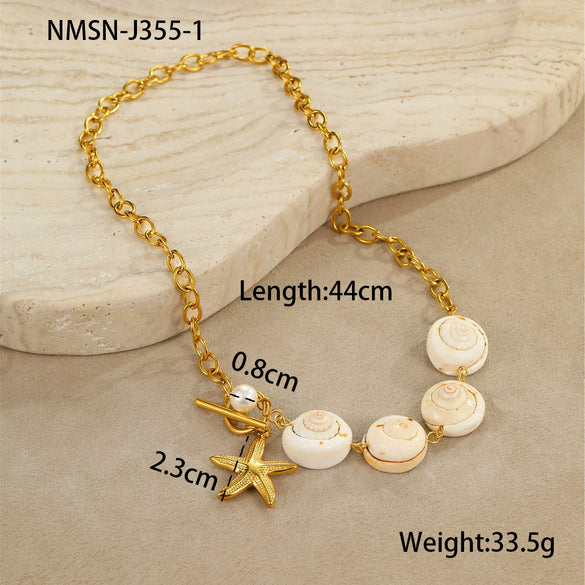 Wholesale Jewelry Ocean Style Natural Shell Starfish Stainless Steel Goldplated Geometric Pendant Necklace For Women