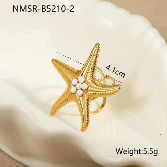 Wholesale Jewelry Ocean Style Stainless Steel Ring Shell Starfish Titanium Steel Open Ring Light Luxury Electroplating