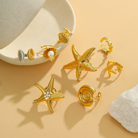 Wholesale Jewelry Ocean Style Stainless Steel Ring Shell Starfish Titanium Steel Open Ring Light Luxury Electroplating