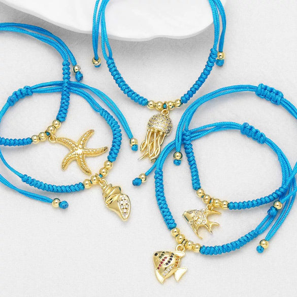 Wholesale Jewelry Ocean Style Starfish Small Fish Pendant Copper Braided Bracelet Electroplated