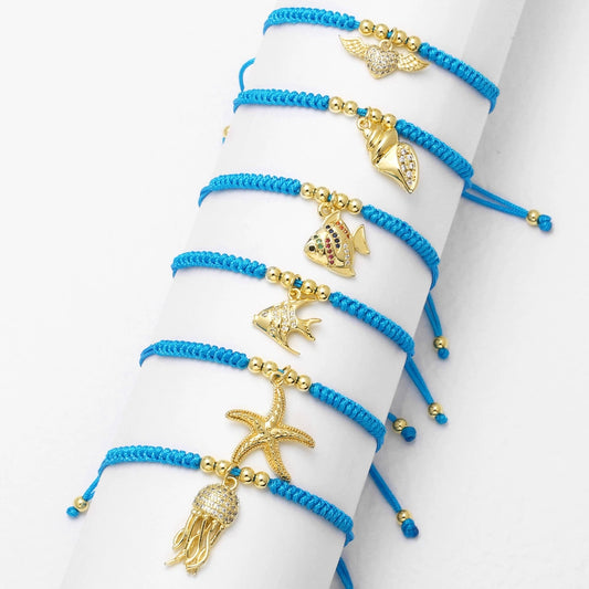 Wholesale Jewelry Ocean Style Starfish Small Fish Pendant Copper Braided Bracelet Electroplated