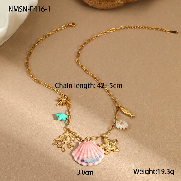 Wholesale Jewelry Ocean Wind Shell Starfish Titanium Steel Stainless Steel 18K Gold Plated Geometric Necklace Bracelet For Women