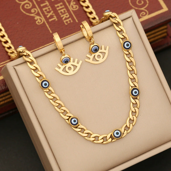 Wholesale Jewelry Oil Dripping Stainless Steel Eye Necklace And Clavicle Chain Set For Women With Personalized Style