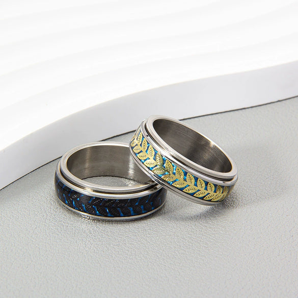 Wholesale Jewelry Olive Leaf Shape Titanium Steel Rotatable Ring With Dripping Oil Treatment And Flower Pattern
