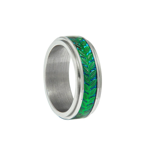 Wholesale Jewelry Olive Leaf Shape Titanium Steel Rotatable Ring With Dripping Oil Treatment And Flower Pattern