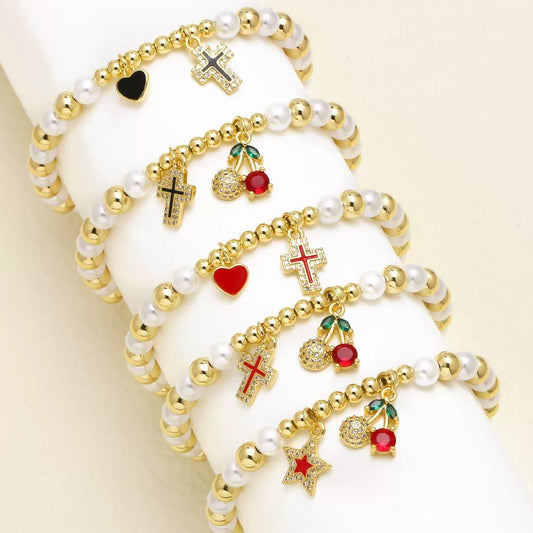 Wholesale Jewelry Pearl Beaded Cross Cherry Fruit Pendant Goldplated Copper Bracelet Unisex