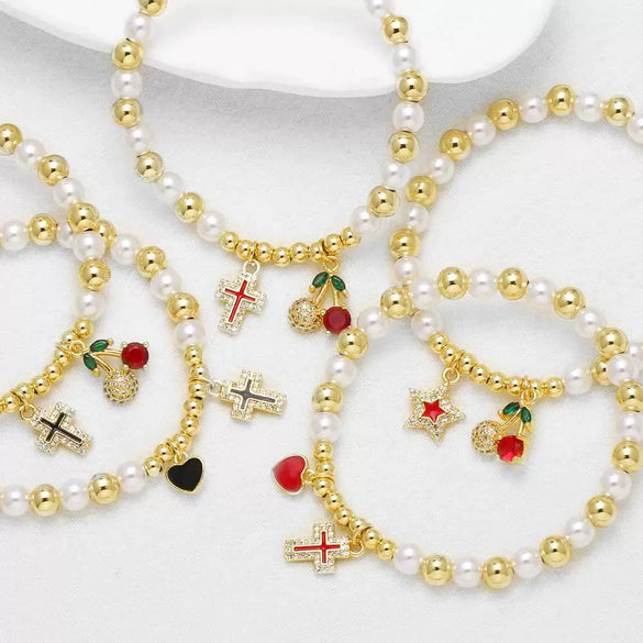 Wholesale Jewelry Pearl Beaded Cross Cherry Fruit Pendant Goldplated Copper Bracelet Unisex