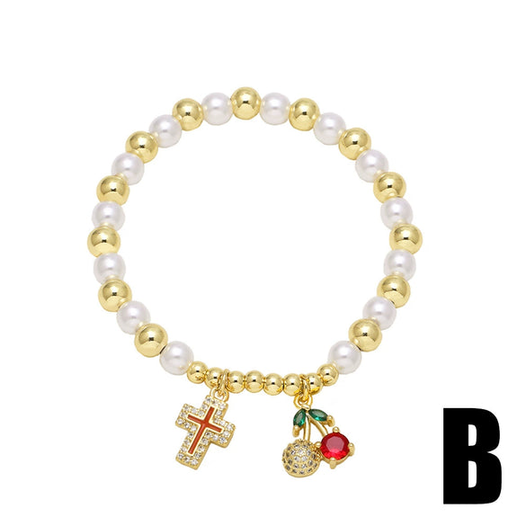 Wholesale Jewelry Pearl Beaded Cross Cherry Fruit Pendant Goldplated Copper Bracelet Unisex