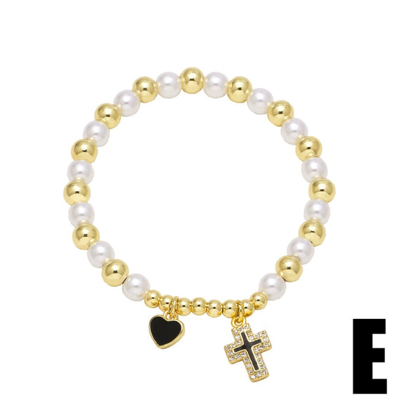 Wholesale Jewelry Pearl Beaded Cross Cherry Fruit Pendant Goldplated Copper Bracelet Unisex