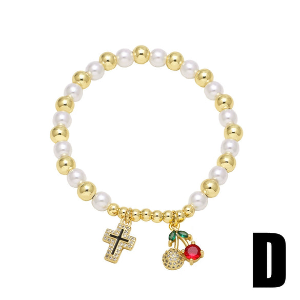 Wholesale Jewelry Pearl Beaded Cross Cherry Fruit Pendant Goldplated Copper Bracelet Unisex