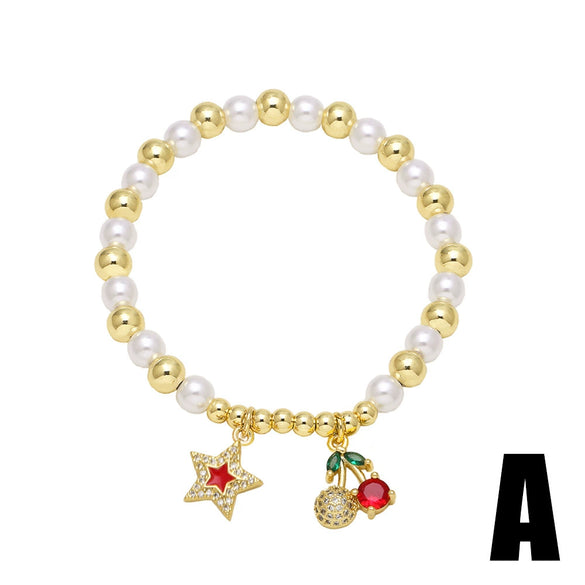 Wholesale Jewelry Pearl Beaded Cross Cherry Fruit Pendant Goldplated Copper Bracelet Unisex
