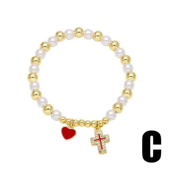 Wholesale Jewelry Pearl Beaded Cross Cherry Fruit Pendant Goldplated Copper Bracelet Unisex