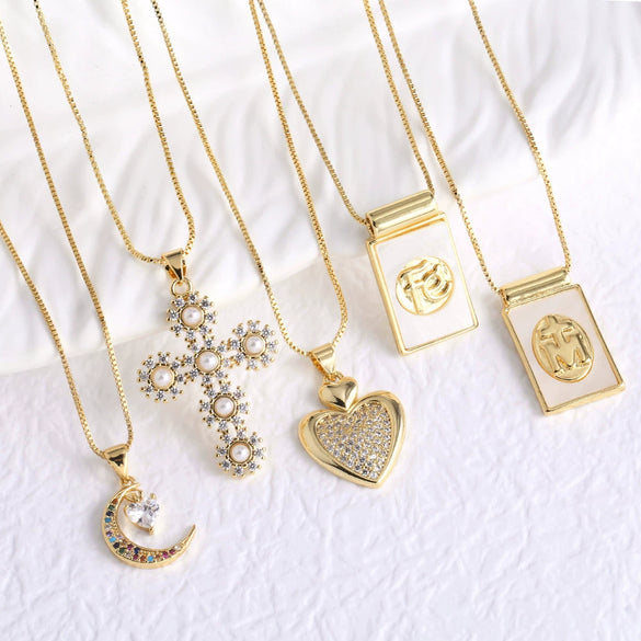 Wholesale Jewelry Pearl Cross Heart Copper Geometric Box Chain Necklace With Electroplating