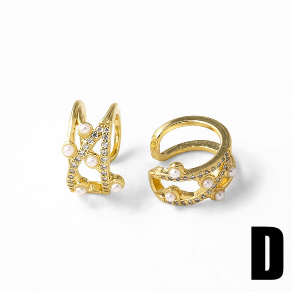 Wholesale Jewelry Pearl Double Inlaid Zircon Copper 18K Gold Plated Geometric Minimalist Women's Earrings