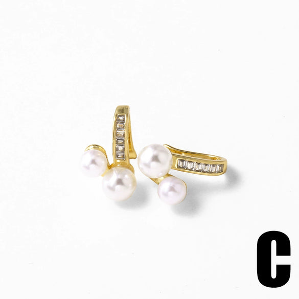 Wholesale Jewelry Pearl Double Inlaid Zircon Copper 18K Gold Plated Geometric Minimalist Women's Earrings