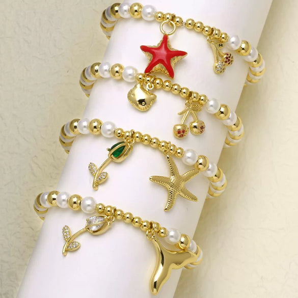 Wholesale Jewelry Pearl Flower Starfish Fish Tail Pendant Bracelet Copper Gold Plated