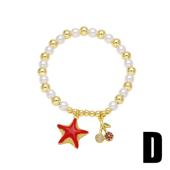 Wholesale Jewelry Pearl Flower Starfish Fish Tail Pendant Bracelet Copper Gold Plated