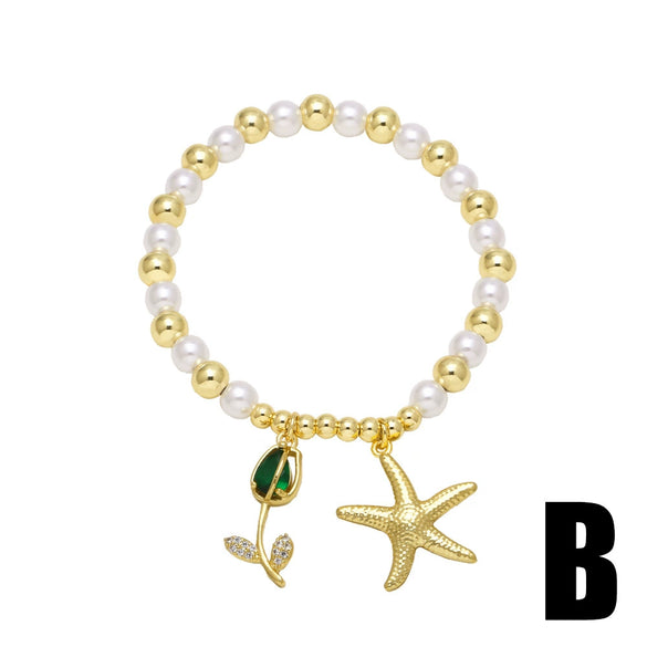 Wholesale Jewelry Pearl Flower Starfish Fish Tail Pendant Bracelet Copper Gold Plated