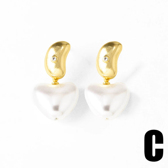 Wholesale Jewelry Pearl Heartshaped Geometric Copper Earrings Electroplated Unisex