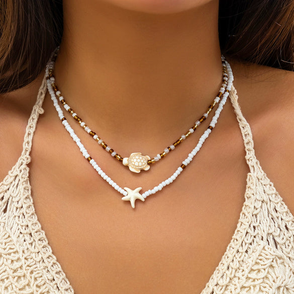 Wholesale Jewelry Plastic Resin Alloy Handmade Beach Ocean Style Animals Zodiac Starfish Shell Beaded Clavicle Necklace For Women