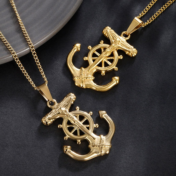 Wholesale Jewelry Punk Style Anchor Stainless Steel Pendant Necklace With Electroplating