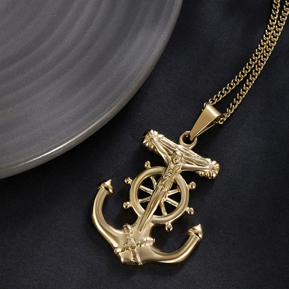 Wholesale Jewelry Punk Style Anchor Stainless Steel Pendant Necklace With Electroplating