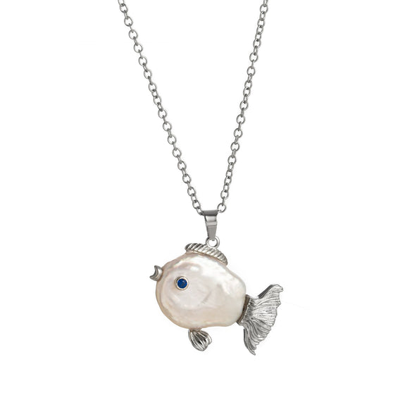 Wholesale Jewelry Retro Animal Zodiac Style Copper Titanium Steel Electroplating Natural Pearl Fish Pendant Clavicle Chain